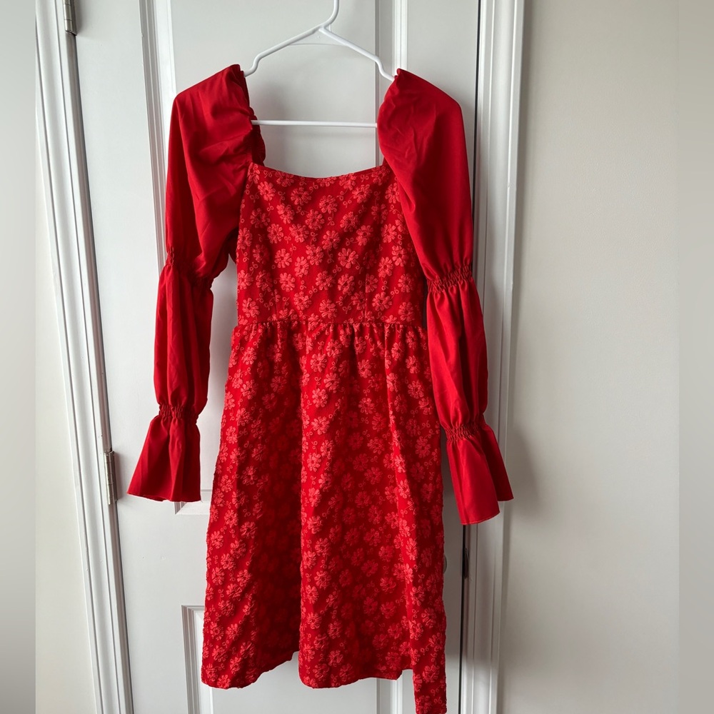 Red flower ruffle dress